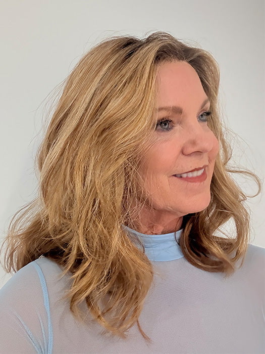 Susan Sparks @an_affair_with_hair wearing AMANDA by ENVY in color GOLDEN NUTMEG | Medium Brown roots with overall Warm Cinnamon base and Golden Blonde Highlights