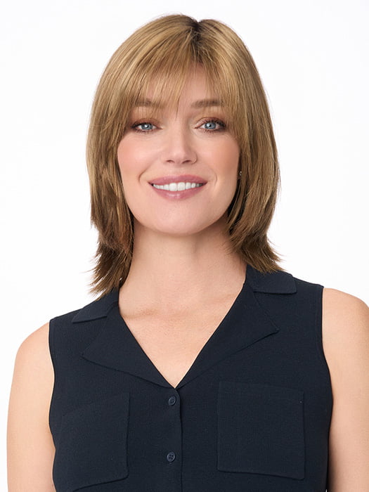 Model is wearing AMBER by ENVY in color TOASTED SESAME | Medium Brown roots with overall Warm Cinnamon base and Wheat Blonde highlights