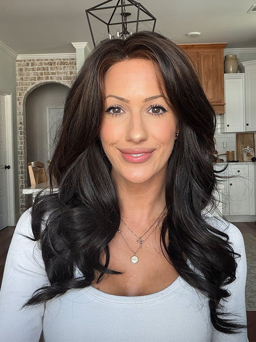 Jenna Fail @jenna_fail wearing AMBER by JON RENAU in color 1BRH30 DARK CHOCOLATE CHERRY GANACHE | Soft Black with 33% Gold-Red Highlights