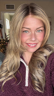 Rayann @50shadesofraaayyy wearing AMBER by JON RENAU in color 24BT18S8 SHADED MOCHA | Medium Natural Ash Blonde & Light Natural Gold Blonde Blend, Shaded with Medium Brown