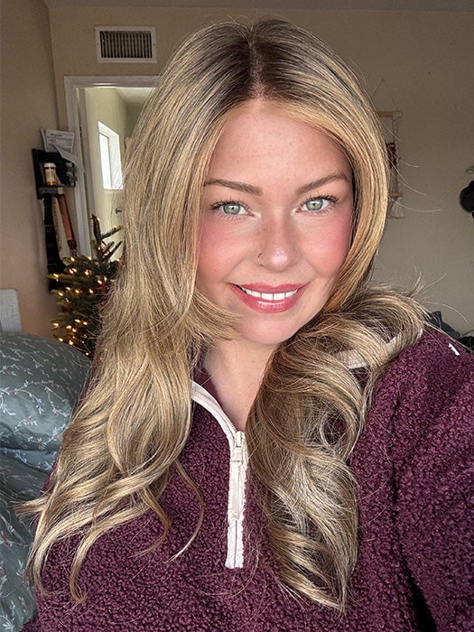 Rayann @50shadesofraaayyy wearing AMBER by JON RENAU in color 24BT18S8 SHADED MOCHA | Medium Natural Ash Blonde & Light Natural Gold Blonde Blend, Shaded with Medium Brown