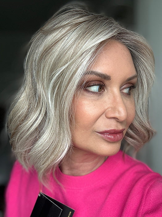 Emily H. @she_sheds_more wearing AMI by BELLE TRESS in color BUTTERBEER R | Dark Brown Base and Root that transitions smoothly into a buttery blonde, infused with creamy honey and toffee tones
