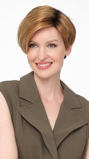 Model wearing AMY by ENVY in GINGER-CREAM | Dark Beige Blonde underneath highlighted on top with Light Beige Blonde