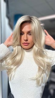 Roxie wearing ANGELICA LARGE by Noriko in CHAMPAGNE R | Rooted Dark with Platinum Blonde