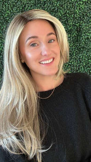 Carly N. @carlynwilson84 wearing ANGELICA PM by NORIKO in color ARABIAN SAND™ | Neutral Chocolate Brown Roots fade into a Neutral Blonde Base, blended with Sandy, Chestnut, Golden, and Honey Blondes, with Soft Creamy Blonde Highlights and Face-Framing Lowlights