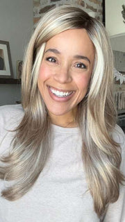 Brea @getwiggywithbrea wearing ANGELICA PM by NORIKO in color ARABIAN SAND™ | Neutral Chocolate Brown Roots fade into a Neutral Blonde Base, blended with Sandy, Chestnut, Golden, and Honey Blondes, with Soft Creamy Blonde Highlights and Face-Framing Lowlights