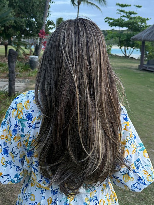 Katrina & Arlah Soriano @wearthehairsis wearing THEORY by BELLETRESS in color CHOCOLATE BUTTERCREAM R | A deep Chocolate Brown Root, that melts into Buttery, Golden Brown Tones, accented by Soft Caramel and Honey highlights for a smooth, multidimensional finish