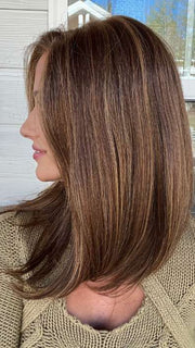 Jenna @jenna_fail wearing SIENNA LITE by JON RENAU in color FS6/30/27 TOFFEE TRUFFLE | Brown, Medium Red-Gold, Medium Red-Gold Blonde Blend with Medium Red Gold Blonde Bold Highlights
