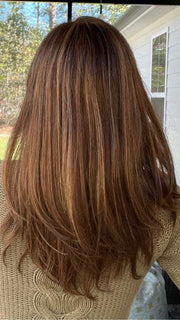 Jenna @jenna_fail wearing SIENNA LITE by JON RENAU in color FS6/30/27 TOFFEE TRUFFLE | Brown, Medium Red-Gold, Medium Red-Gold Blonde Blend with Medium Red Gold Blonde Bold Highlights
