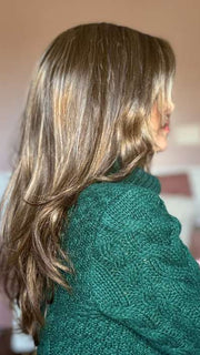 Crystal @crystallhoneycutt wearing ANGELICA by NORIKO in color ICED MOCHA R | Rooted Dark with Medium Brown blended with Light Blonde highlights
