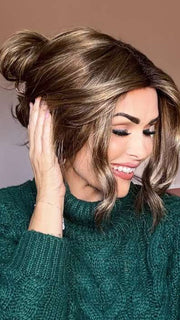 Crystal @crystallhoneycutt wearing ANGELICA by NORIKO in color ICED MOCHA R | Rooted Dark with Medium Brown blended with Light Blonde highlights| styled up with a clip