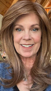 Susan @an_affair_with_hair wearing SPOTLIGHT by RAQUEL WELCH WIGS in color RL30/27 RUSTY AUBURN | Medium Auburn Evenly Blended with Strawberry Blonde
