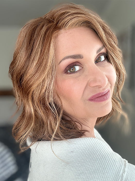 Emily H. @she_sheds_more wearing ARLO by ESTETICA in color R30/28/26 | Medium Auburn/Light Auburn/Golden Blonde Blend