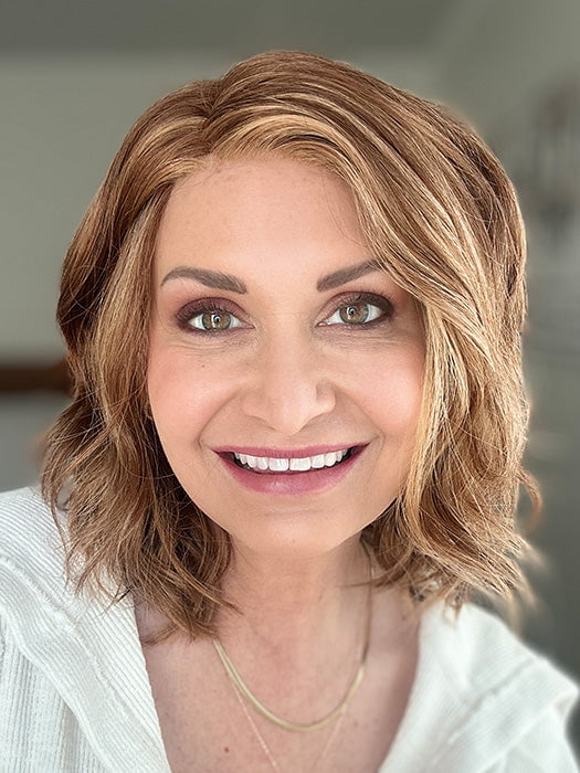 Emily H. @she_sheds_more wearing ARLO by ESTETICA in color R30/28/26 | Medium Auburn/Light Auburn/Golden Blonde Blend