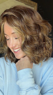 Carlyn @carlynwilson84 wearing ARLO by ESTETICA in color R8/26H | Golden Brown w/Golden Blonde Highlights