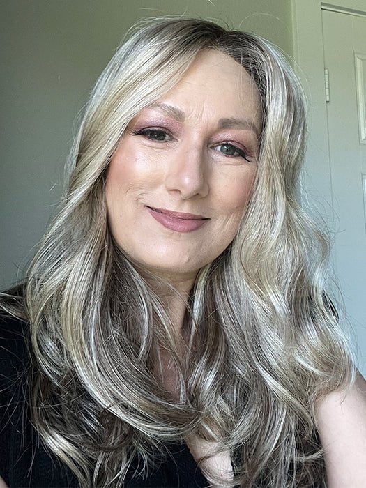 Tanya @ home wearing ARROW by ELLEN WILLE in SAND MULTI ROOTED | Lightest Brown and Medium Ash Blonde Blend with Light Brown Roots