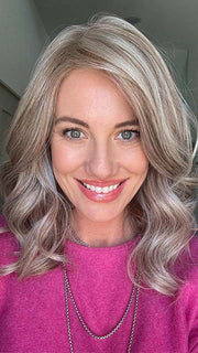 Jenny B @thewiggygirl wears AURORA by JON RENAU in 101F48T MARTINI | Soft White Front, Light Brown with 75% Grey Blend with Soft White Tips