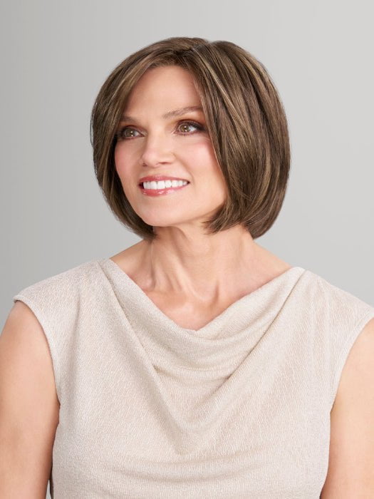 Model is wearing AVA in 8RH14 MOUSSE CAKE | Medium Brown with 33% Medium Natural Blonde Highlights