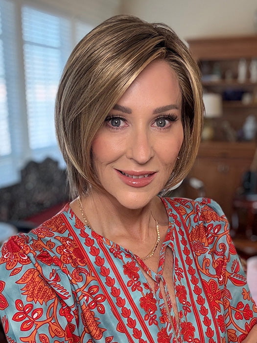 Eileen @crazywiglady is wearing AVA by JON RENAU in color 24BT18S8 SHADED MOCHA | Medium Natural Ash Blonde & Light Natural Gold Blonde Blend, Shaded with Medium Brown