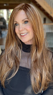 Susan @an_affair_with_hair wearing AVERY by JON RENAU in color FS27 STRAWBERRY SYRUP | Medium Red-Gold Blonde with Gold Blonde Bold Highlights