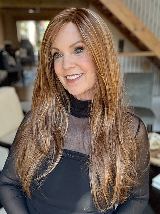 Susan @an_affair_with_hair wearing AVERY by JON RENAU in color FS27 STRAWBERRY SYRUP | Medium Red-Gold Blonde with Gold Blonde Bold Highlights