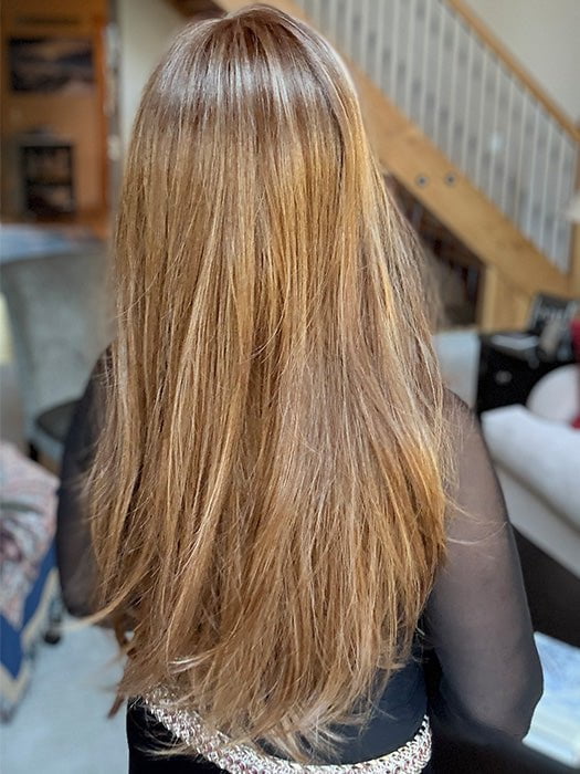 Susan @an_affair_with_hair wearing AVERY by JON RENAU in color FS27 STRAWBERRY SYRUP | Medium Red-Gold Blonde with Gold Blonde Bold Highlights