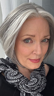 Mel B. @mels.be.ageless wearing AYUMI by RENE OF PARIS in color SILVER STONE | Silver Medium Brown blend that transitions to more Silver then Medium Brown then to Silver Bangs