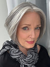 Mel B. @mels.be.ageless wearing AYUMI by RENE OF PARIS in color SILVER STONE | Silver Medium Brown blend that transitions to more Silver then Medium Brown then to Silver Bangs