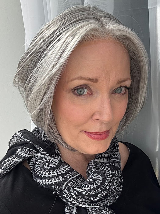 Mel B. @mels.be.ageless wearing AYUMI by RENE OF PARIS in color SILVER STONE | Silver Medium Brown blend that transitions to more Silver then Medium Brown then to Silver Bangs