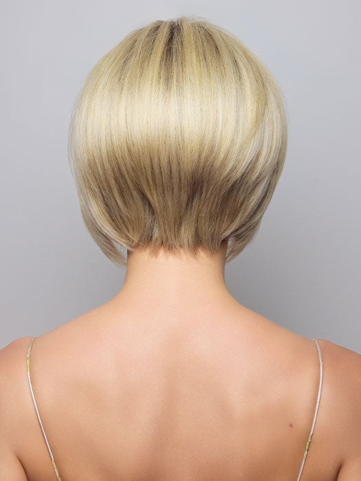 Model is wearing AYUMI by NORIKO in color Light Ash Blond R | Cream Ash Blonde with ash brown and white-grey roots that blend into a variety of ash blonde tones, including ash pearl blonde, creamy ivory, and pale cream