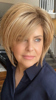 Donna @style.me.ageless wearing REESE by NORIKO in color NUTMEG F | Medium Blonde and Honey Brown Base Frosted with Platinum Blonde Highlights