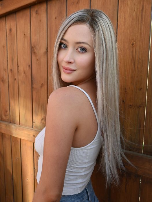 Steph @wigswithsteph wearing KIM by JON RENAU in FS17/101S18 PALM SPRINGS BLONDE | Light Ash Blonde with Pure White Natural Violet Bold Highlights, Shaded with Dark Natural Ash Blonde | Washed with purple shampoo