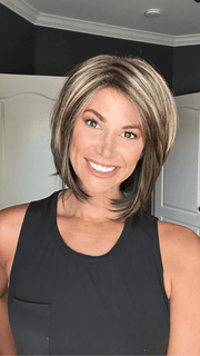 Katy C. @thewigeducator wearing CAMERON by RENE OF PARIS in color CHOCOLATE FROST | Dark Brown Base with Honey Blonde and Platinum highlights