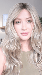 Steph B. @wigswithsteph wearing ANGELICA by NORIKO in color MOCHA H | Rooted Dark with Medium Ash Blonde with Platinum Blonde highlight