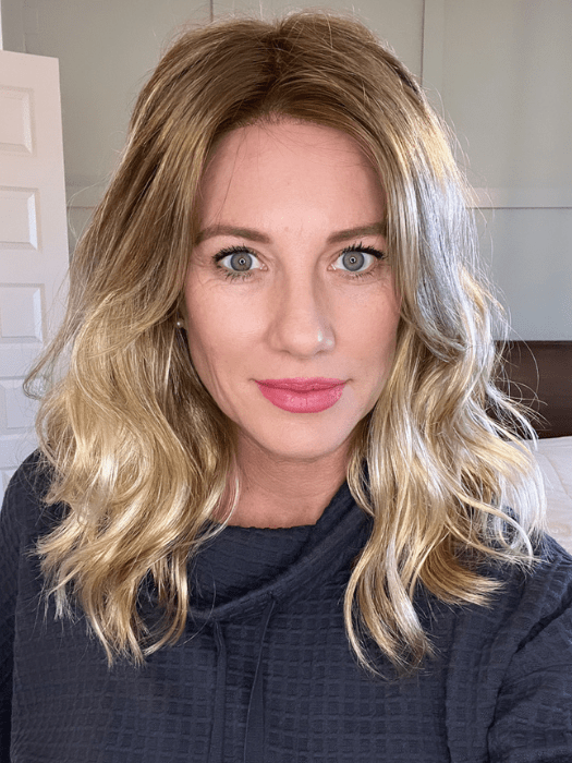 Jenny B. @thewiggygirl wearing HEIDI by JON RENAU in color S14-26/88RO SUNSHINE | Medium Natural-Ash Blonde & Medium Red-Gold Blonde Blend roots to midlength, Light Natural Gold Blonde Blend mid-length to ends