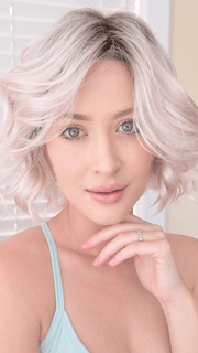 Steph B. @wigswithsteph wearing JANUARY by JON RENAU in color FS60/PKS18 FROST | Pure White with Pink Blended. Shaded with Dark Natural Ash Blonde