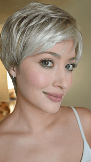 Steph @wigswithsteph wearing WINNER (petite) by RAQUEL WELCH WIGS in color R23S+ GLAZED VANILLA | Cool Platinum Blonde with Almost White Highlights