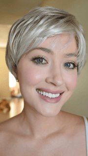 Steph @wigswithsteph wearing WINNER (petite) by RAQUEL WELCH WIGS in color R23S+ GLAZED VANILLA | Cool Platinum Blonde with Almost White Highlights