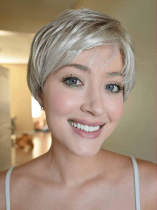 Steph @wigswithsteph wearing WINNER (petite) by RAQUEL WELCH WIGS in color R23S+ GLAZED VANILLA | Cool Platinum Blonde with Almost White Highlights