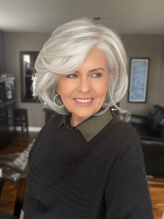 Donna @style.me.ageless wearing IN CHARGE by RAQUEL WELCH WIGS in color RL51/61 ICED GRANITA | Lightest Grey Progresses to a Deep Grey at the Nape PPC MAIN IMAGE