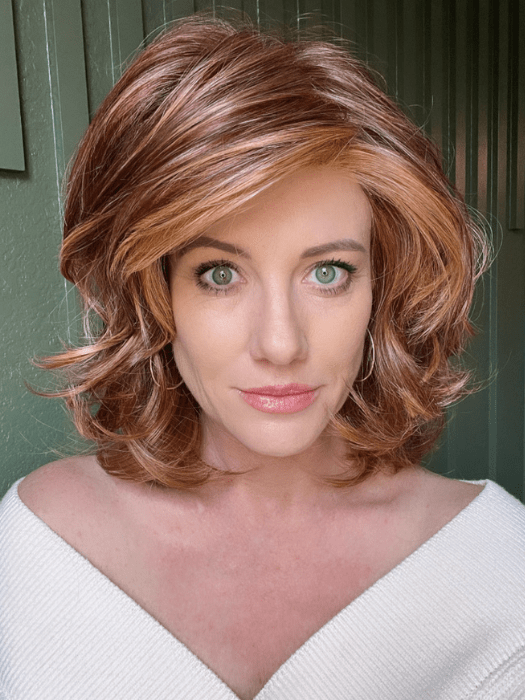 Jenny B. @thewiggygirl wearing GODDESS by RAQUEL WELCH WIGS in color RL31/29 FIERY COPPER | Medium Light Auburn Evenly Blended with Ginger Blonde