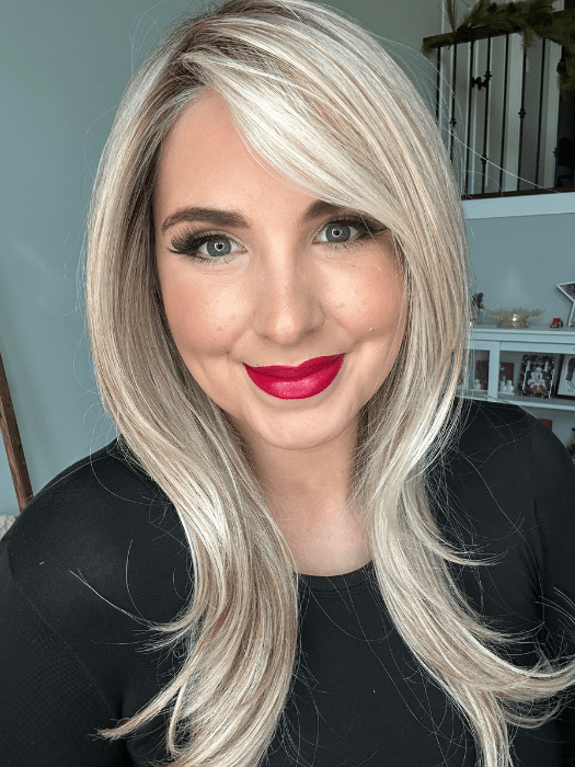Danielle Sells @wighair_dontcare wearing SCENE STEALER by RAQUEL WELCH WIGS in color RL19/23SS SHADED BISCUIT | Light Ash Blonde Evenly Blended with Cool Platinum Blonde and Dark Roots