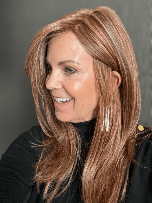 Susan Sparks @sparkles_intheworld wearing SPOTLIGHT ELITE by RAQUEL WELCH WIGS in color RL31/29 FIERY COPPER | Medium Light Auburn Evenly Blended with Ginger Blonde