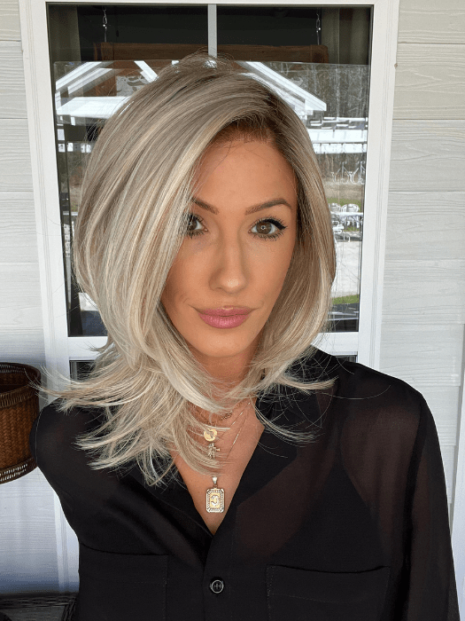 Jenna @jenna_fail wearing DREW by JON RENAU in color FS17/101S18 PALM SPRINGS BLONDE | Light Ash Blonde with Pure White Natural Violet Bold Highlights, Shaded with Dark Natural Ash Blonde. PPC MAIN IMAGE