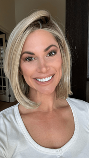 Katy C. @thewigeducator wearing HAUTE by JON RENAU in color 22F16S8 VENICE BLONDE | Light Ash Blonde and Light Natural Blonde Blend Shaded with Medium Brown