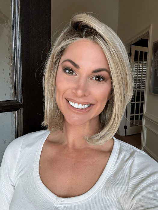 Katy C. @thewigeducator wearing HAUTE by JON RENAU in color 22F16S8 VENICE BLONDE | Light Ash Blonde and Light Natural Blonde Blend Shaded with Medium Brown