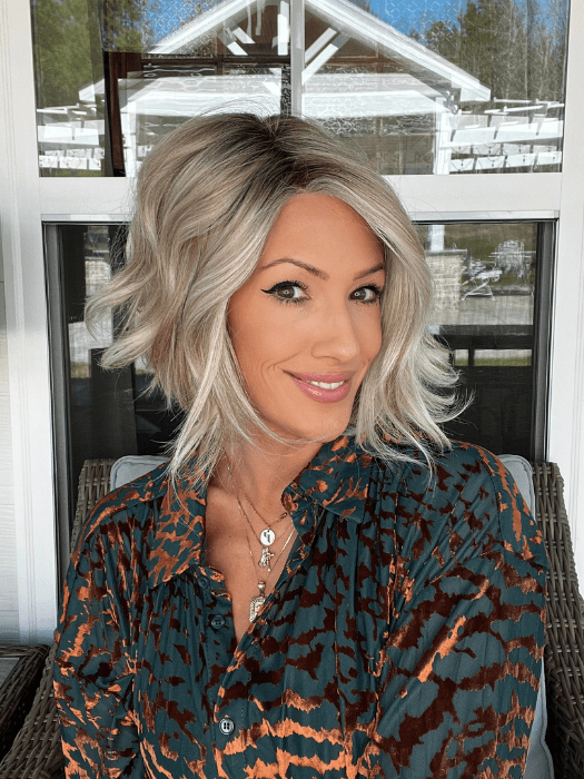 Jenna @jenna_fail wearing TREND ALERT by GABOR in color GF19-23SS BISCUIT | Light Ash Blonde Evenly Blended with Cool Platinum Blonde with Dark Roots. PPC MAIN IMAGE