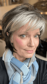 Mel B. @mels.be.ageless wearing SKY by NORIKO in color MIDNITE PEARL | Darkest Brown Base Blended with Silver and Dramatic Silver Bangs PPC MAIN IMAGE FB MAIN IMAGE