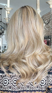 Jenna Fail @jenna_fail wearing BEAUTY REIGN by GABOR in color GF14-88SS GOLDEN WHEAT | Dark Blonde evenly Blended with Pale Blonde Highlights and Dark Roots