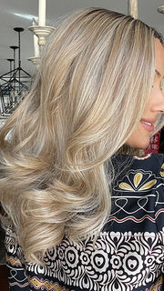 Jenna Fail @jenna_fail wearing BEAUTY REIGN by GABOR in color GF14-88SS GOLDEN WHEAT | Dark Blonde evenly Blended with Pale Blonde Highlights and Dark Roots